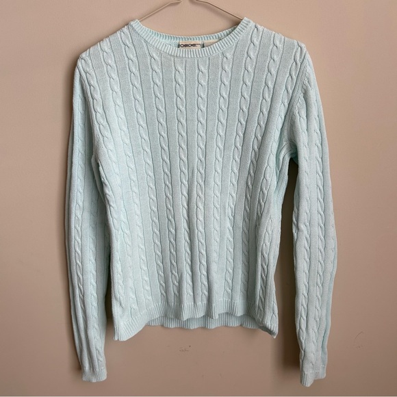 Vintage Cherokee Seafoam Green Blue Crew Neck Cable Knit Cotton Sweater Size S - Picture 2 of 7